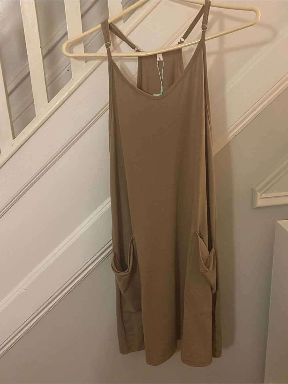 Relaxed Scoop-Neck Midi Dress with Pockets - Taupe NWT L